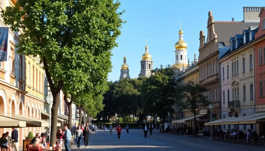 A bustling city center of Białystok, Poland, captured in a sunny afternoon. Charming pastel-colored buildings line the streets, their ornate facades casting warm shadows. People stroll along the sidewalks, some enjoying outdoor cafes. In the distance, the spires of historic churches rise, their golden domes glinting in the soft light. A tree-lined park offers a serene respite, its lush greenery contrasting with the vibrant urban landscape. The scene exudes a sense of local character and a welcoming, relaxed atmosphere, inviting the viewer to explore the practical delights of this Polish city.