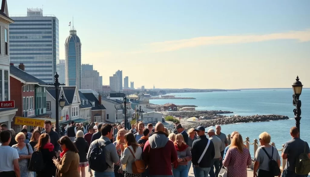 A bustling city scene in Rhode Island, with diverse groups of people conversing in various languages. The foreground features a lively street corner, with pedestrians of different ethnicities engaged in animated discussions. The middle ground showcases a mix of traditional architecture and modern skyscrapers, reflecting the state's cultural heritage. In the background, a picturesque coastal landscape with sparkling blue waters and a vibrant sunset sky set the mood for a serene yet dynamic atmosphere. Diffused natural lighting illuminates the scene, capturing the energy and vibrancy of Rhode Island's linguistic diversity.