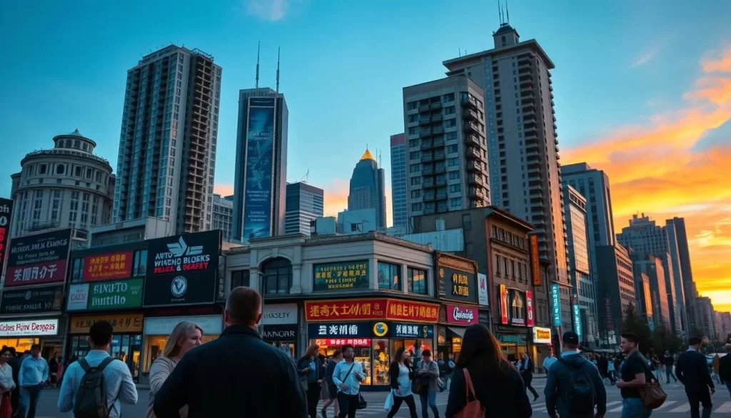 A bustling city skyline at dusk, with diverse architectural styles and languages represented in the signage and storefronts. In the foreground, people of different nationalities converse on a lively street corner, their gestures and expressions conveying the vibrant exchange of ideas. The middle ground features a mix of modern high-rises and historic buildings, each with unique linguistic and cultural influences. In the background, a majestic sunset paints the sky in warm hues, symbolizing the blending of traditions and the dynamic evolution of language in this urban landscape.