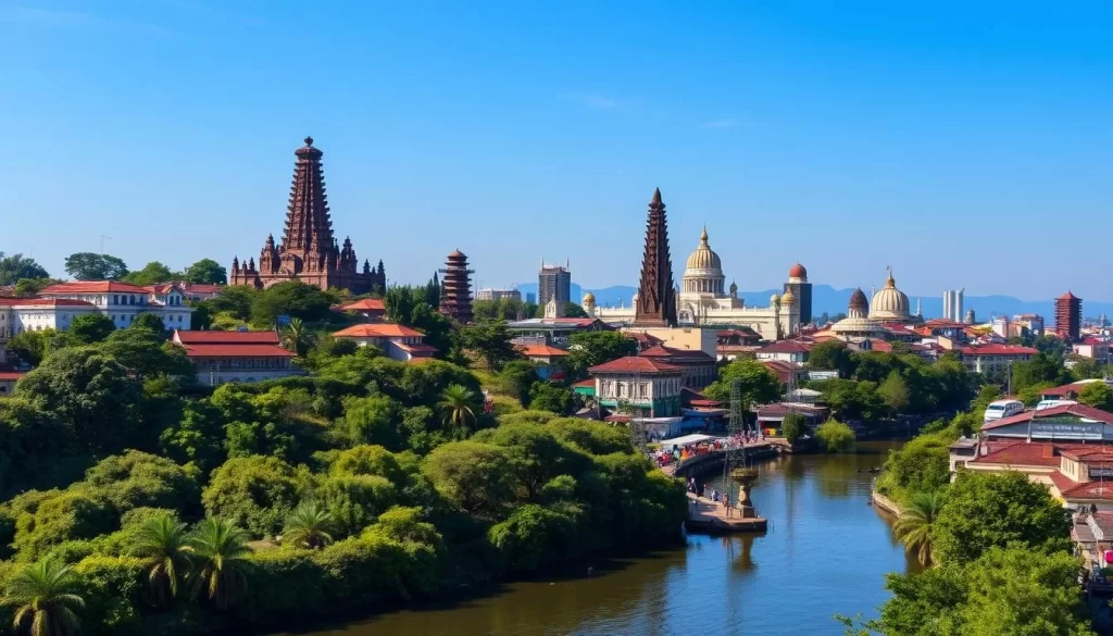 A bustling city skyline, its iconic landmarks silhouetted against a clear azure sky. In the foreground, the meandering Code River flows gently, its banks lined with lush, verdant foliage. Towering above, the majestic Yogyakarta Palace and the famous Tugu Monument stand as sentinels, their intricate architecture bathed in warm, golden sunlight. In the middle ground, the vibrant markets and winding alleyways of the old town come alive, with locals and visitors alike navigating the colorful, bustling streets. The overall scene evokes a sense of cultural richness, historical significance, and the dynamic energy that embodies the heart of Java.