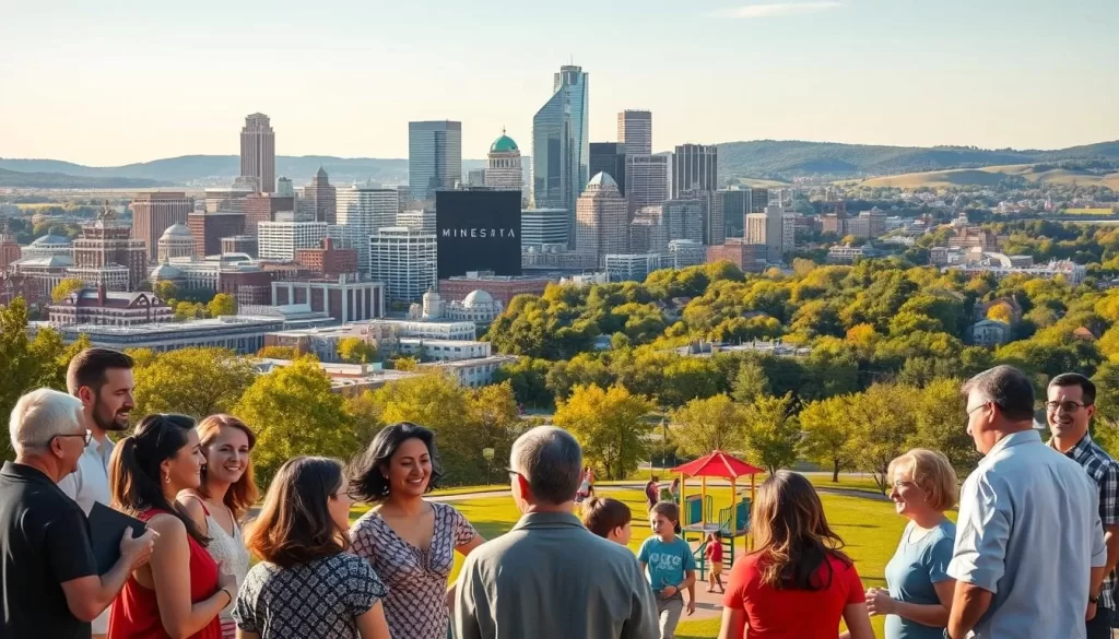 A bustling city skyline of Minneapolis, Minnesota, with diverse architectural styles representing the state's rich immigrant history. In the foreground, people of various ethnicities converse in their native languages, their animated gestures and expressions conveying the vibrancy of the multilingual community. The midground features a city park, where children play in a colorful playground, their laughter and chatter echoing the linguistic diversity. In the background, rolling hills and lush forests hint at the state's natural beauty, a backdrop to the cultural melting pot. The scene is illuminated by warm, golden sunlight, creating a welcoming and inclusive atmosphere.