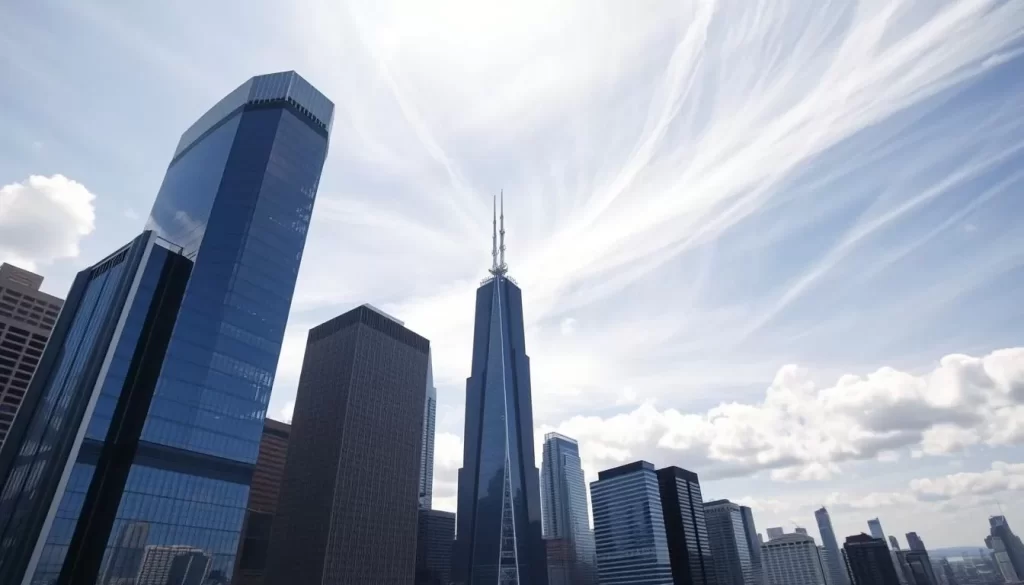 A bustling city skyline under a bright, wind-swept sky. In the foreground, towering skyscrapers with sleek, glass facades glisten in the sunlight, their sharp angles cutting through the air. In the middle ground, the iconic Willis Tower stands tall, its distinctive silhouette a symbol of Chicago's architectural prowess. In the background, fluffy clouds dance across the horizon, hinting at the city's reputation as the "Windy City". Capture the energy and dynamism of this metropolis, with a sense of movement and vitality in every element.