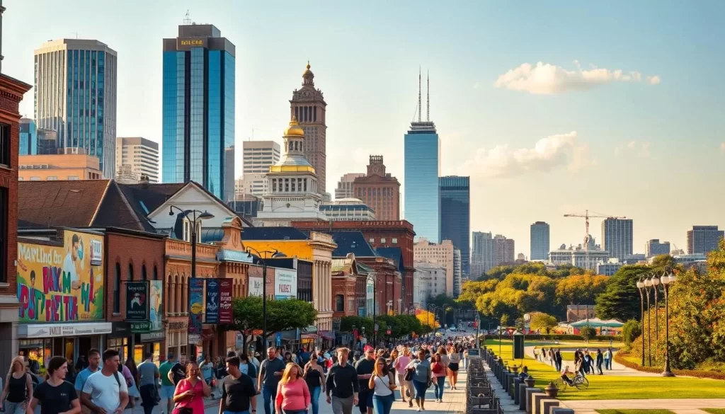 A bustling city skyline, where diverse languages and cultures interweave like a tapestry. In the foreground, pedestrians stroll along a lively street, their conversations a harmonious chorus of tongues. Towering skyscrapers and historic buildings stand as silent witnesses to the linguistic richness, bathed in warm, golden light. Vibrant murals and signage adorn the facades, each a unique expression of the community's linguistic identity. In the distance, a serene park beckons, where people of all backgrounds gather to share stories and traditions. This is the linguistic landscape of Maryland, a celebration of the many voices that make up its diverse fabric.