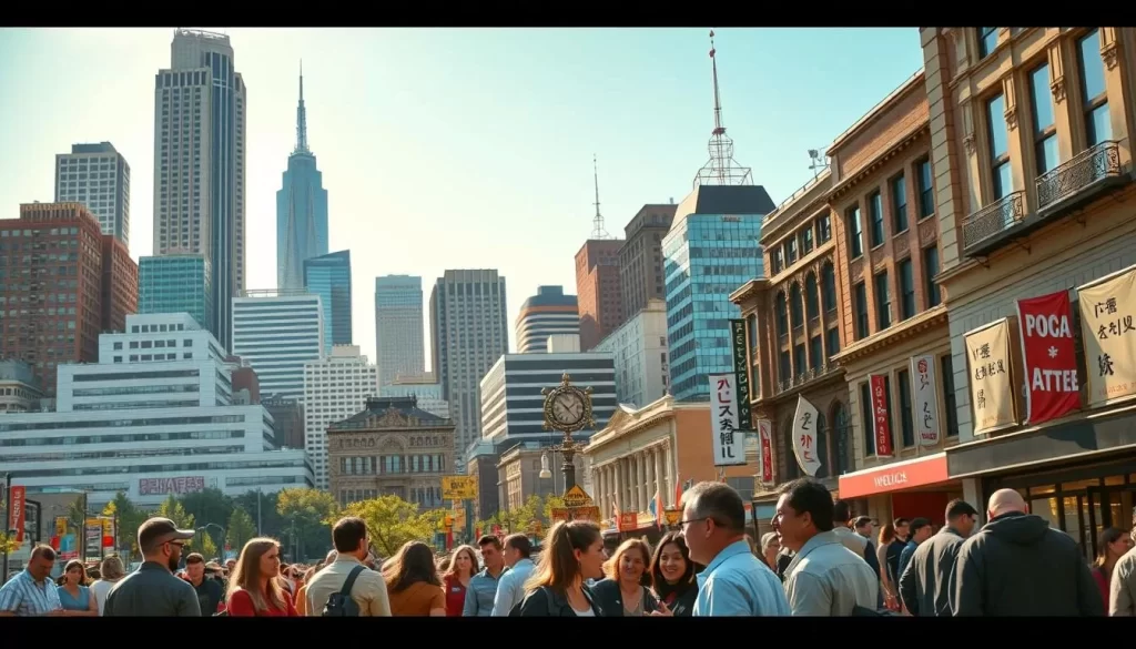 A bustling city skyline with diverse architectural styles, reflecting the linguistic richness of Wisconsin. Towering skyscrapers and historic buildings stand side by side, their facades adorned with multilingual signs and banners. In the foreground, a lively street scene with people of various ethnicities conversing in their native tongues, their animated gestures and expressions capturing the vibrant cultural exchange. The warm, golden sunlight bathes the scene, creating a sense of welcoming and harmony. A panoramic view that conveys the vibrant and inclusive linguistic landscape of Wisconsin.