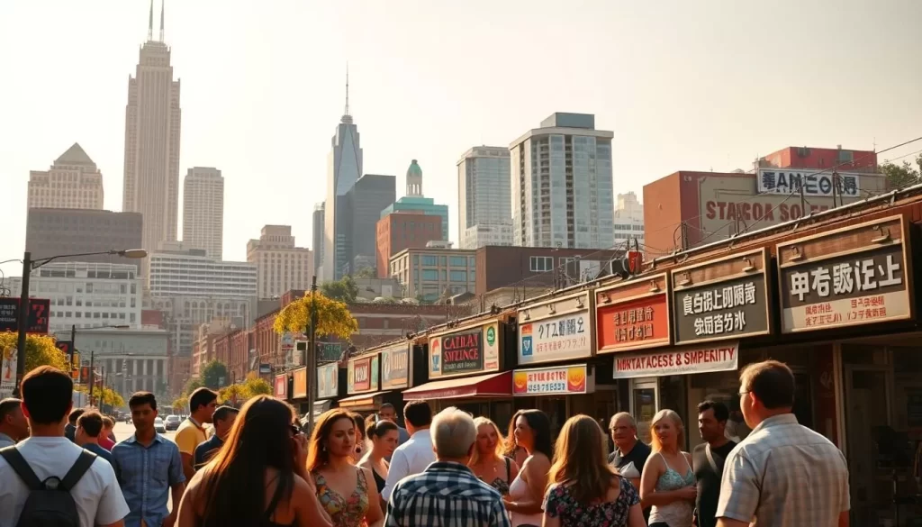 A bustling city skyline, with towering skyscrapers and diverse architecture reflecting the cultural tapestry of North Carolina. In the foreground, a lively street scene, with people of varying ethnicities and backgrounds conversing animatedly, their gestures and expressions conveying the vibrant exchange of ideas. The mid-ground features an eclectic mix of storefronts, each with signs and displays in multiple languages, showcasing the linguistic diversity of the community. Warm, golden sunlight filters through, casting a welcoming glow and highlighting the energy and dynamism of this evolving urban landscape.