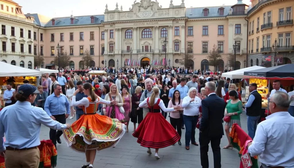A bustling city square in Lublin, Poland, filled with a vibrant cultural celebration. In the foreground, a lively street performance with traditional dancers in colorful costumes twirling and moving to the rhythm of live music. In the middle ground, people of all ages mingle, browsing handcrafted goods and tasty local delicacies at outdoor vendor stalls. The background features the ornate facade of a historic cultural center, its grand architecture bathed in warm, golden afternoon light. An atmosphere of community, creativity, and wonder permeates the scene, capturing the essence of Lublin's vibrant cultural heritage.