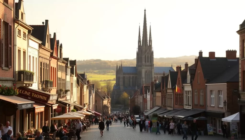A bustling city square in Tournai, Belgium, on a sunny day. In the foreground, vibrant cafes and shops line the cobblestone streets, with people enjoying the lively atmosphere. The middle ground features the iconic medieval architecture of the Tournai Cathedral, its towering Gothic spires casting long shadows. In the background, rolling hills and a tranquil river provide a serene natural backdrop. Warm, diffused lighting casts a golden glow, creating a welcoming, picturesque scene that invites the viewer to explore the heart of this historic Walloon city.