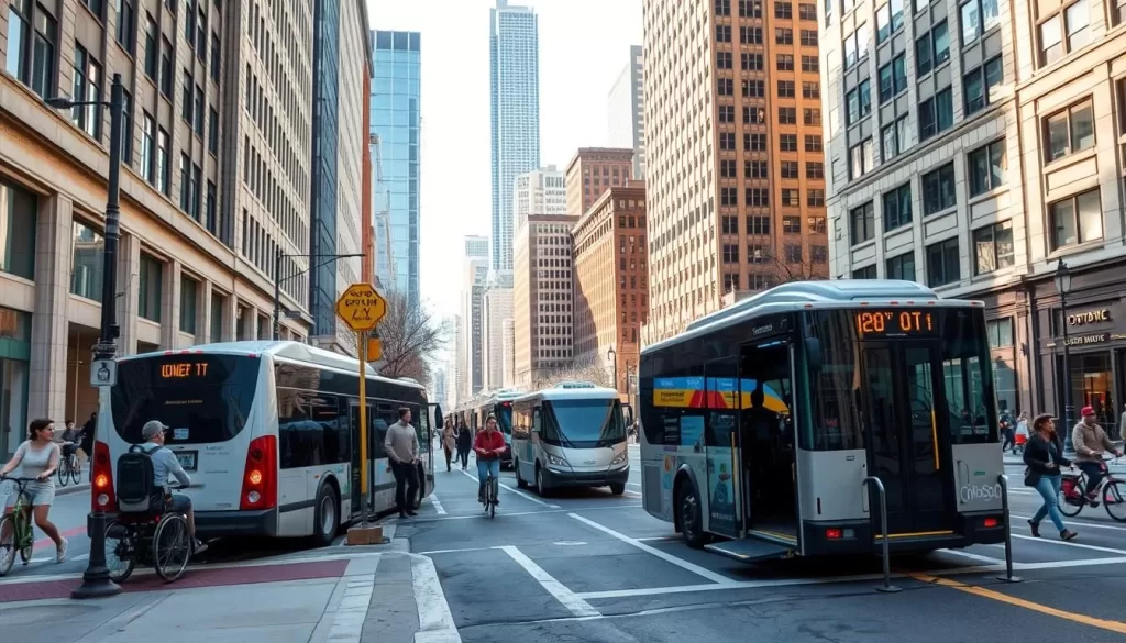 A bustling city street in Chicago, where a variety of accessible transportation options are seamlessly integrated. In the foreground, a modern wheelchair-accessible bus waits at a stop, its ramp extended. Pedestrians and cyclists navigate the well-marked bike lanes and sidewalks, creating a harmonious urban landscape. In the middle ground, a sleek, electric shuttle van provides door-to-door service for those with mobility challenges. The background showcases the iconic skyscrapers of the city, bathed in the warm glow of a sunny day. The scene conveys a sense of inclusivity and ease of movement, reflecting the accessibility and connectivity of Chicago's public transportation system.