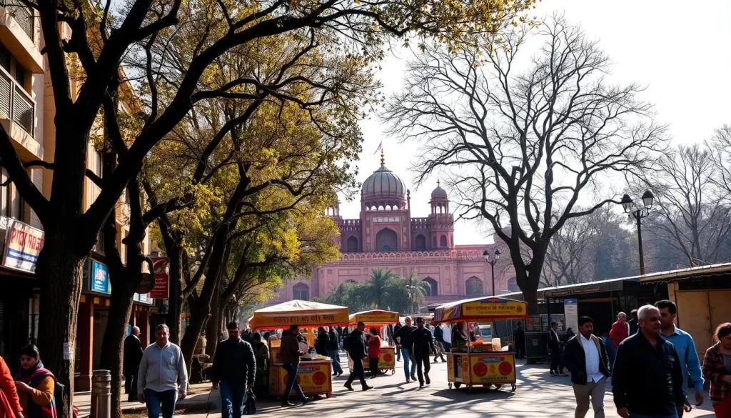 A bustling city street in Delhi during the winter months, with trees lining the sidewalk and a few locals walking by. The sun is shining brightly, casting a warm glow on the buildings and people. In the middle ground, a group of vendors selling hot snacks and drinks, their stalls adorned with colorful fabrics. In the background, the iconic Red Fort and Jama Masjid stand tall, their domes and minarets silhouetted against a clear, blue sky. The overall mood is one of energy and liveliness, capturing the vibrant spirit of Delhi during the pleasant winter season.