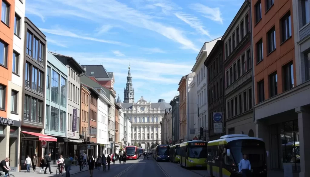 A bustling city street in Olsztyn, Poland on a sunny day. In the foreground, a mix of modern and historic buildings line the sidewalks, with pedestrians and cyclists moving through the lively scene. In the middle ground, a variety of public transportation options are visible, including trams, buses, and perhaps even a trolleybus. The background features the iconic architecture of the city, complemented by blue skies and wispy clouds. The overall atmosphere is one of vibrant urban energy, reflecting the practical transportation needs of residents and visitors alike in this charming Polish destination.