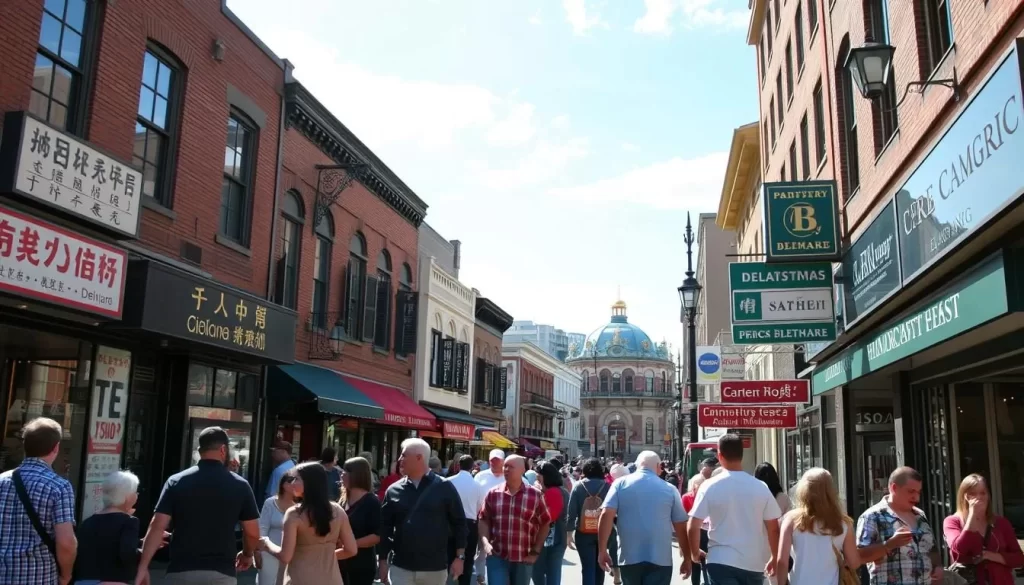 A bustling city street in Wilmington, Delaware, showcasing the linguistic diversity of the state. In the foreground, pedestrians of various ethnicities converse in a variety of languages, their animated gestures and expressions reflecting the vibrant cultural tapestry. Storefronts with signs in English, Spanish, Chinese, and other scripts line the sidewalks, creating a visually captivating and inclusive atmosphere. The mid-ground features a mix of historical and modern architecture, hinting at Delaware's rich heritage. In the background, a bright, cloudless sky casts a warm, welcoming glow over the scene, capturing the spirit of a thriving, multilingual community.