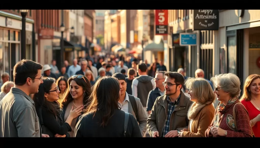 A bustling city street in an Ohio town, with diverse residents of various ethnicities and ages engaged in lively conversations. In the foreground, a group of friends from different cultural backgrounds chat animatedly, their gestures and expressions conveying the richness of their exchanges. In the middle ground, pedestrians of all ages stroll by, some pausing to window-shop or grab a bite to eat. The background is filled with a mix of historic buildings and modern storefronts, reflecting the town's heritage and evolution. The scene is bathed in warm, golden sunlight, creating a welcoming and inclusive atmosphere that captures the vibrant language diversity of Ohio's communities.
