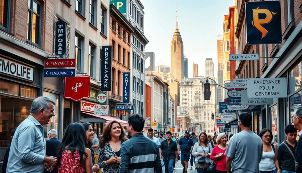 A bustling city street in downtown Philadelphia, with a diverse array of people conversing in various European languages. The scene captures the vibrant multicultural atmosphere, with storefronts and signage reflecting the linguistic diversity. In the foreground, a group of friends laugh and gesticulate animatedly in Italian. Nearby, a couple converse in French, while a street vendor calls out in German. In the middle ground, pedestrians stroll by, some speaking Polish, others in Spanish. The background showcases the iconic skyline of the city, bathed in warm, golden afternoon light, creating a sense of harmony and integration between the built environment and the people who call Pennsylvania home.