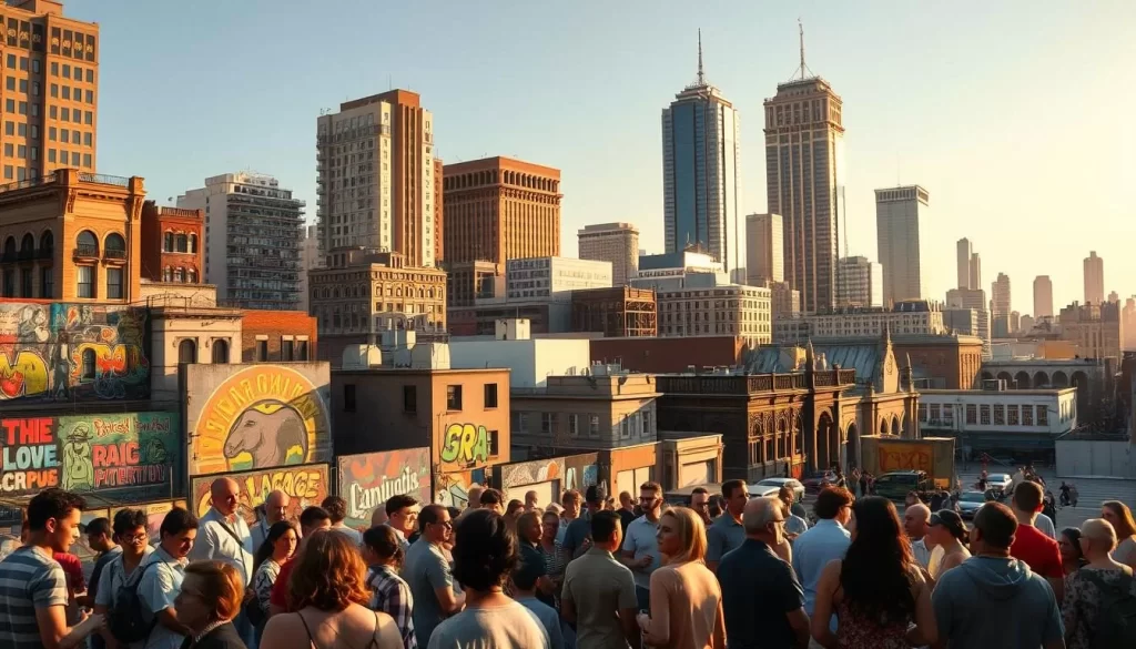 A bustling cityscape filled with diverse architectural styles, representing the historical evolution of languages in Texas, United States. In the foreground, people of various ethnicities engage in lively conversations, their body language and facial expressions conveying the rich tapestry of linguistic diversity. The middle ground showcases vibrant murals and street art, celebrating the region's multicultural heritage. In the background, towering skyscrapers and historical buildings stand as silent witnesses to the state's linguistic journey, bathed in the warm glow of a setting sun that casts long shadows across the scene, creating a sense of depth and timelessness.