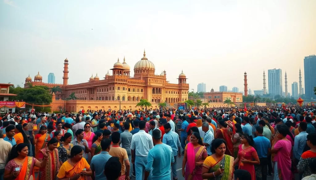 A bustling cityscape in Hyderabad, India, during a vibrant festival. The foreground features a lively crowd of people in colorful traditional attire, holding decorative lanterns and garlands, celebrating with song and dance. The middle ground showcases an impressive Mughal-era palace, its ornate architecture and domes bathed in warm, golden sunlight. In the background, the skyline is punctuated by towering minarets and modern skyscrapers, creating a harmonious blend of old and new. The scene is infused with a festive atmosphere, with a sense of community and joy permeating the air. Capture this captivating moment using a wide-angle lens, with soft, diffused lighting that enhances the rich, saturated colors.
