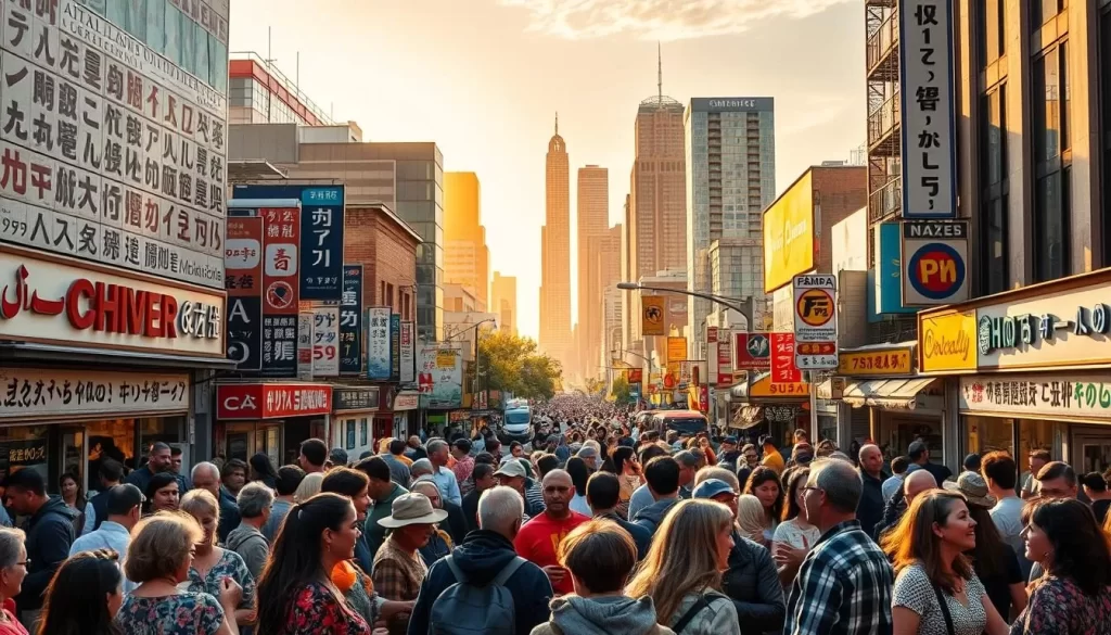 A bustling cityscape in Ohio, showcasing the vibrant diversity of languages spoken. In the foreground, a mosaic of people from various backgrounds converse animatedly, their expressions and gestures conveying the richness of their exchanges. In the middle ground, storefronts and signs display a tapestry of scripts and alphabets, reflecting the multilingual nature of the community. The background features a skyline of towering skyscrapers, bathed in warm, golden sunlight, creating a sense of energy and prosperity. The overall scene exudes a welcoming atmosphere, where cultures and dialects coexist in a harmonious symphony.