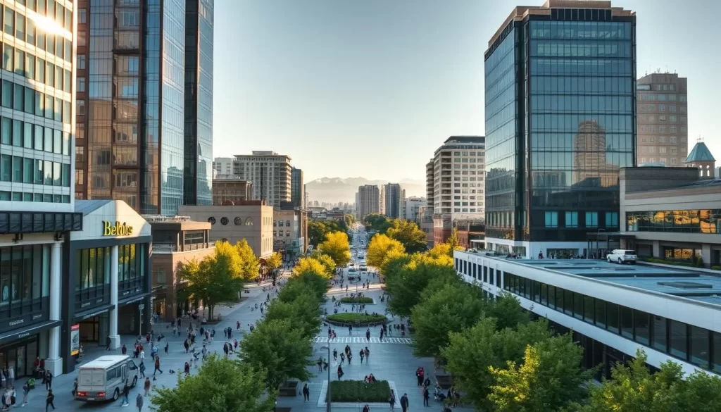 A bustling cityscape of Bellevue's vibrant downtown, bathed in warm afternoon sunlight. Towering glass and steel skyscrapers cast long shadows over the bustling streets, where pedestrians stroll past chic boutiques, sidewalk cafes, and verdant public spaces. In the foreground, a thriving plaza filled with locals and visitors enjoying the urban ambiance, framed by lush trees and modern architecture. The middle ground reveals a picturesque mix of high-rises, lush greenery, and busy roads, leading the eye toward the distant backdrop of the Cascade mountain range. Capture the energetic yet refined atmosphere of Bellevue's urban charm with a cinematic, wide-angle perspective that showcases the city's striking balance of modern development and natural beauty.