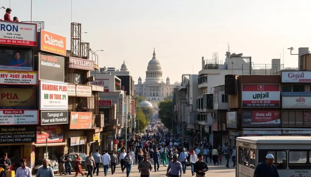 A bustling cityscape of Chandigarh, India, captured on a bright, sunny day. In the foreground, a diverse array of media outlets - television channels, radio stations, and newspapers - each represented by a distinct architectural style and signage in various languages, reflecting the linguistic diversity of the city. The middle ground showcases pedestrians and commuters going about their daily lives, interacting with the media landscape. In the background, the iconic Capitol Complex and other recognizable landmarks of Chandigarh provide a stunning backdrop, bathed in warm, golden light. The scene conveys the vibrant and inclusive media environment of the city, where multiple languages coexist harmoniously.