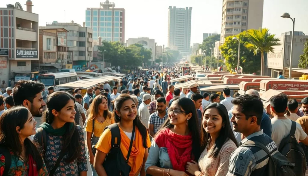 A bustling cityscape of Chandigarh, India, with a vibrant array of people from diverse linguistic backgrounds. In the foreground, a group of students converse animatedly, their expressions reflecting the rich tapestry of languages they share. The middle ground showcases a lively market, where vendors call out in various tongues, creating a symphony of multilingual exchange. In the background, modern architecture stands tall, a testament to Chandigarh's cosmopolitan nature. Warm sunlight bathes the scene, lending a sense of energy and inclusivity. Capture the essence of Chandigarh's linguistic diversity through a cinematic, well-composed image.