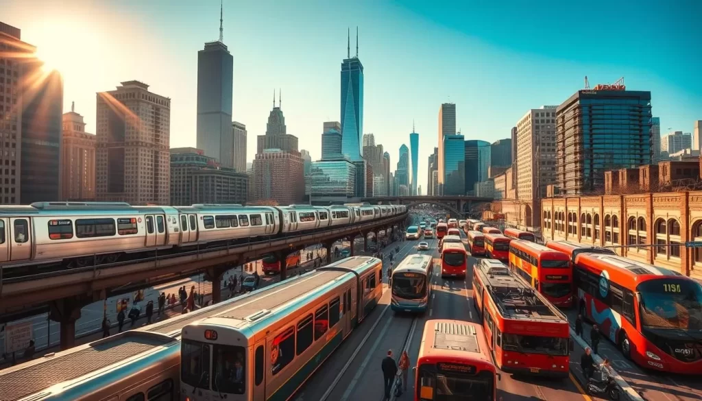 A bustling cityscape of Chicago's public transportation network, with a vibrant mix of elevated trains, buses, and pedestrians navigating the streets. Capture the iconic architecture of the city's skyscrapers and landmarks in the background, basking in warm, golden sunlight. Depict the varied modes of transport, from the sleek, modern 'L' trains to the classic, red double-decker buses, all in harmonious motion. Showcase the diversity of the city's commuters, from businesspeople to families, as they move through the dynamic urban landscape. Convey a sense of efficiency, connectivity, and energy that encapsulates the essence of Chicago's renowned public transit system.
