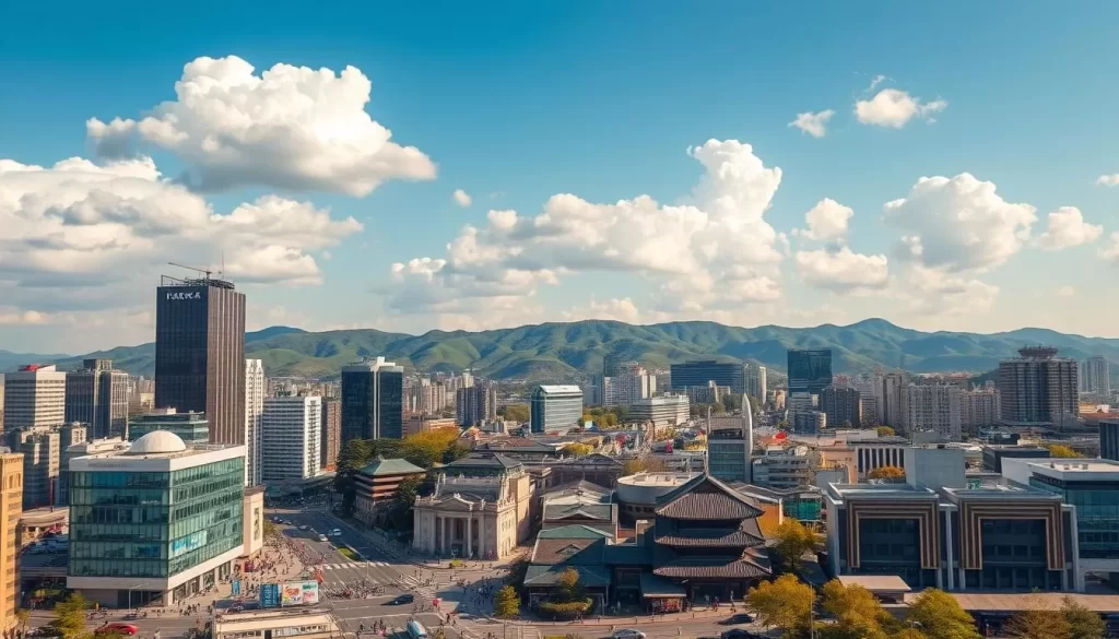 A bustling cityscape of Daegu, South Korea, set against a clear blue sky with fluffy white clouds. The foreground features a vibrant urban landscape, with sleek high-rise buildings, modern glass facades, and bustling street-level activity. In the middle ground, traditional Korean architecture blends seamlessly with the contemporary structures, creating a harmonious visual tapestry. The background showcases the rolling hills and lush greenery that surround the city, adding a natural element to the scene. The lighting is warm and inviting, casting a golden glow over the entire composition. Captured through a wide-angle lens, this image conveys the energy, dynamism, and blend of old and new that defines Daegu, the thriving urban heart of South Gyeongsang Province.