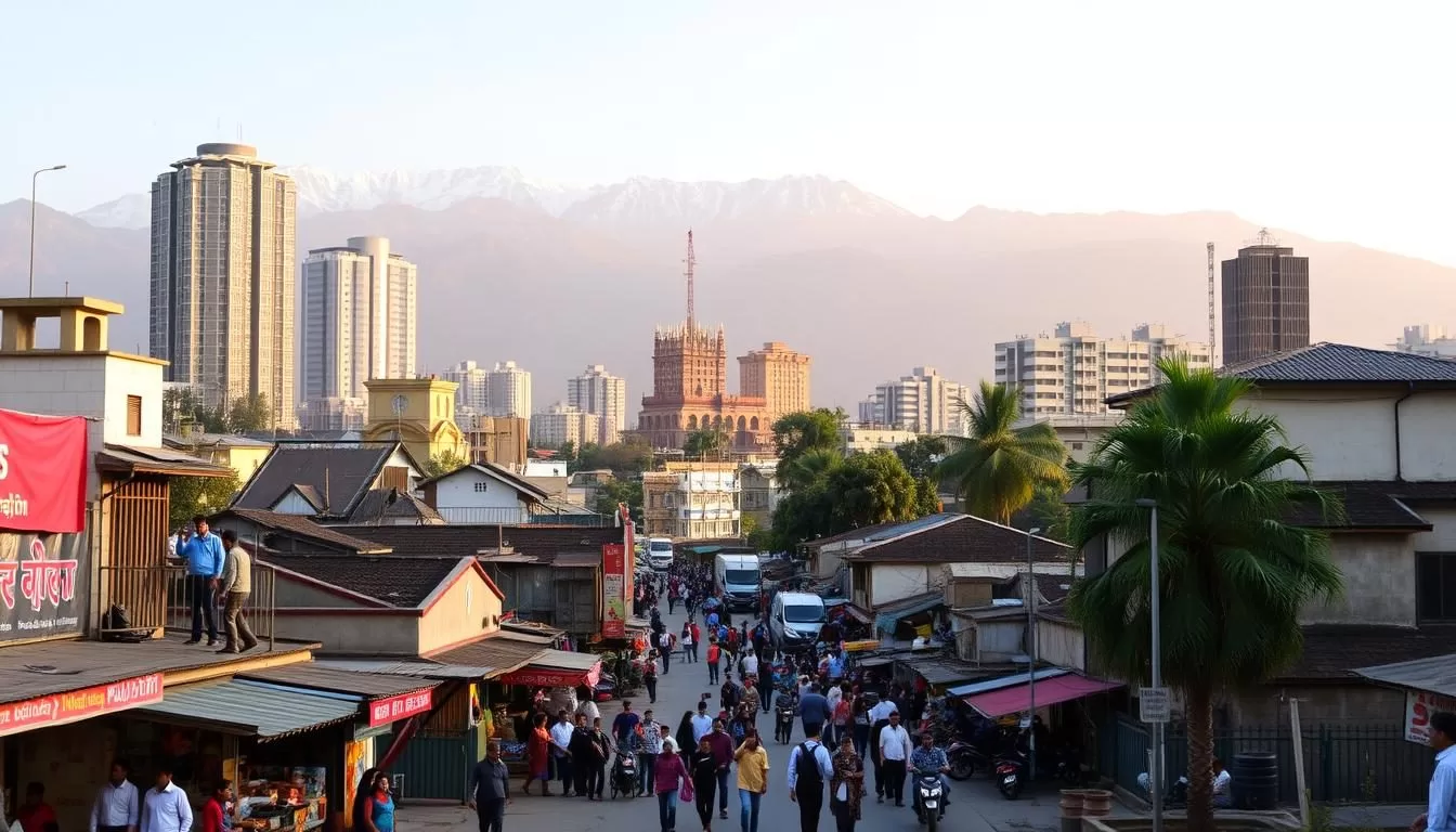 A bustling cityscape of Dehradun, Uttarakhand, captured on a pleasant day. The foreground features a lively street lined with colorful shops, bustling with locals and tourists. In the middle ground, towering office buildings and hotels rise up, their modern architecture complementing the historic charm of the city. The background is dominated by the majestic Himalayan foothills, their peaks capped with snow and bathed in warm, golden light. The scene is infused with a sense of vibrancy and energy, showcasing the unique blend of tradition and modernity that defines Dehradun.