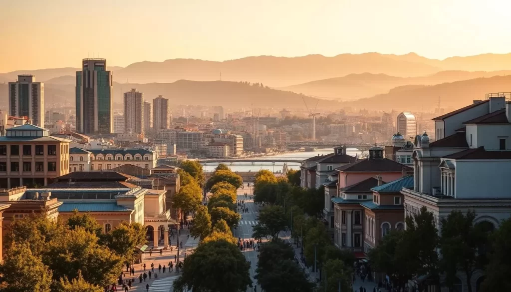 A bustling cityscape of Eskisehir, Turkey, basking in the golden glow of the sun. Towering skyscrapers and historic buildings stand in harmonious contrast, their architectural details accentuated by the warm light. In the foreground, a lively street scene unfolds, with pedestrians strolling along the tree-lined boulevards and local shops and cafes buzzing with activity. The middle ground reveals the iconic Porsuk River, its calm waters reflecting the vibrant skyline. In the distance, the rolling hills of the region frame the scene, creating a serene and picturesque backdrop. The overall atmosphere is one of tranquility and urban vitality, inviting the viewer to explore this hidden gem of Turkey.