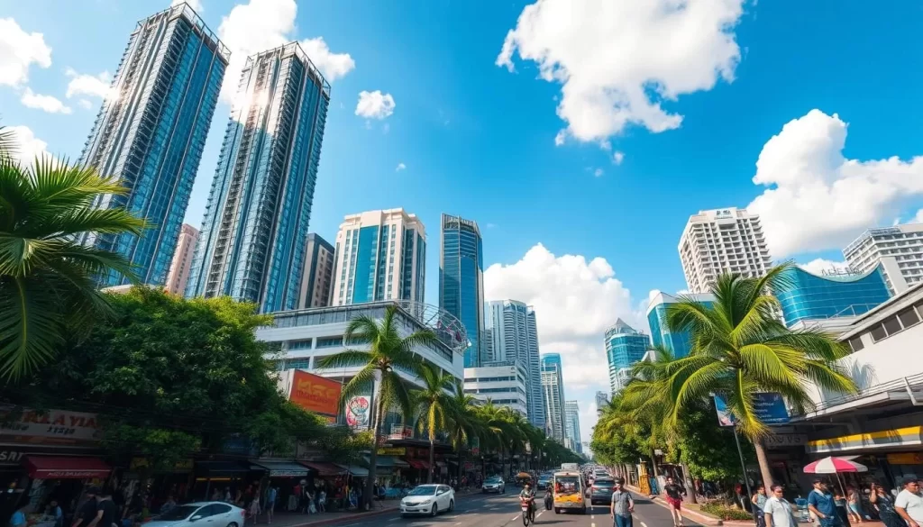 A bustling cityscape of Johor Bahru, Malaysia's vibrant southern gem, bathed in warm afternoon sunlight. Towering skyscrapers and modern high-rises frame the scene, their reflective glass facades glimmering. In the foreground, bustling streets teeming with colorful local shops, street vendors, and pedestrians going about their daily lives. Lush tropical foliage and palm trees sway gently, adding a touch of natural beauty to the urban landscape. The clear blue sky with fluffy white clouds overhead sets the perfect mood for this dynamic and thriving city. Capture the energy, modernity, and allure of Johor Bahru through a cinematic wide-angle lens.