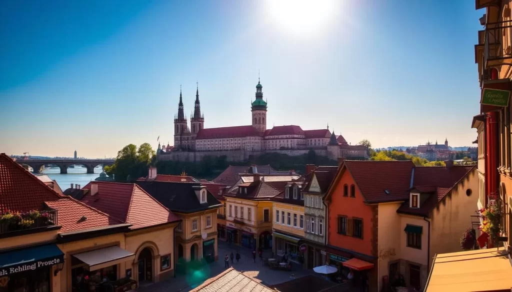A bustling cityscape of Kraków, Poland on a pleasant day. In the foreground, cobblestone streets lined with charming cafes, local shops, and historic buildings with distinct architecture. The middle ground features the iconic Wawel Royal Castle, its towers and spires standing tall against a clear blue sky. In the background, the Vistula River winds through the city, with picturesque bridges connecting the banks. Warm, diffused sunlight casts a golden glow, highlighting the vibrant colors and details of the scene. The overall atmosphere conveys the cultural richness and inviting ambiance of this renowned European destination.