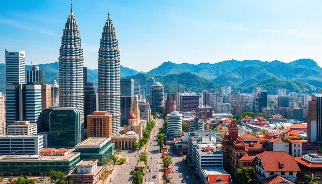 A bustling cityscape of Kuala Lumpur, Malaysia, captured on a bright, sunny day. In the foreground, the iconic Petronas Twin Towers rise majestically, their glass facades gleaming in the warm light. The middle ground showcases the colorful mix of traditional and modern architecture, with bustling streets lined with towering skyscrapers and charming low-rise buildings. In the background, the lush green hills and mountains create a picturesque backdrop, providing a serene contrast to the vibrant urban landscape. The scene is alive with the energy and diversity of this dynamic capital city, inviting the viewer to explore its vibrant culture and captivating sights.