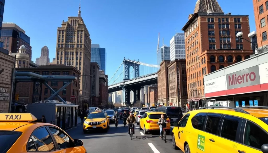 A bustling cityscape of New York City's diverse transportation modes, captured on a pleasant sunny day. In the foreground, yellow cabs and rideshare vehicles ferry passengers through the busy streets. In the middle ground, pedestrians and cyclists navigate the urban landscape, while the iconic subway entrances and MetroCard kiosks provide access to the efficient underground network. In the background, towering skyscrapers and the famous Brooklyn Bridge create a dramatic skyline, complemented by the clear blue sky and warm lighting. The scene conveys the vibrant energy and functionality of New York's transportation ecosystem across all seasons.