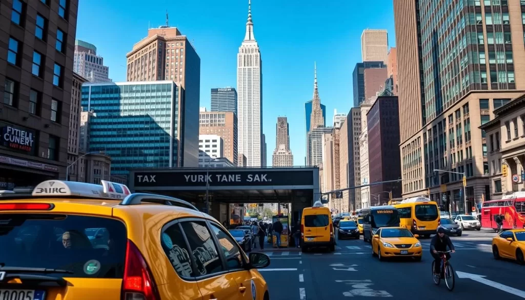 A bustling cityscape of New York City's public transportation network. In the foreground, a yellow taxi cab navigates the crowded streets, its headlights gleaming in the afternoon sunshine. In the middle ground, a subway station entrance stands proudly, its iconic turnstiles and tiled walls inviting commuters. Beyond, skyscrapers and high-rise buildings stretch towards the clear blue sky, their windows glinting like jewels. The scene is alive with movement - pedestrians hurrying along the sidewalks, buses and cars jockeying for position, the occasional cyclist weaving through the traffic. Capture the energy, the efficiency, and the sheer dynamism of New York City's public transportation system in all its glory.