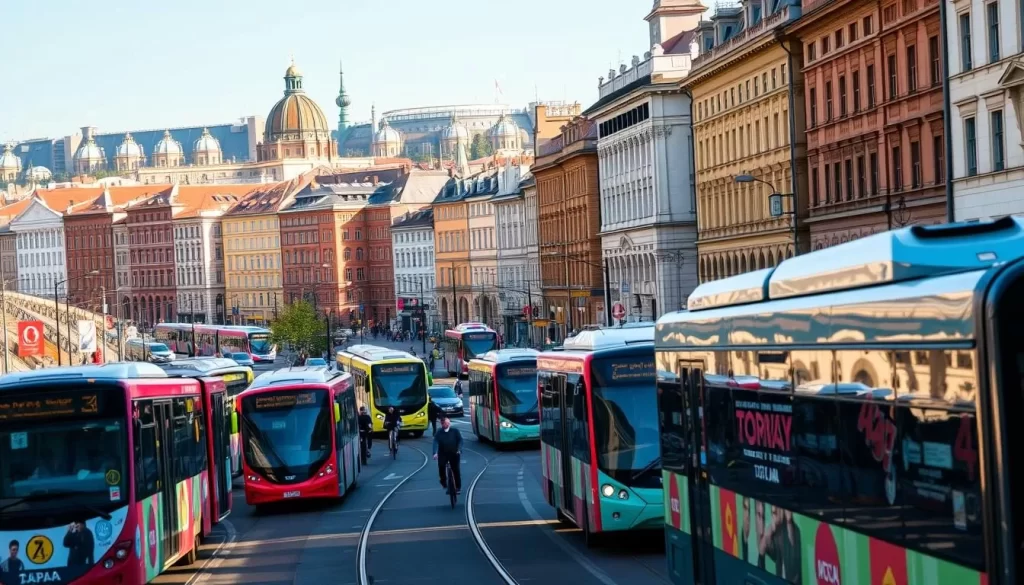 A bustling cityscape of Poznan, Poland on a bright, sunny day. In the foreground, various modes of public transportation - buses, trams, and trolleys - navigating the streets, their vibrant colors and sleek designs standing out against the backdrop. In the middle ground, pedestrians and cyclists weave through the traffic, their movements captured in a natural flow. The buildings lining the streets are a mix of historic architecture and modern structures, creating a visually interesting skyline. The scene is illuminated by warm, natural lighting, casting long shadows and highlighting the details of the urban landscape. An atmospheric perspective that captures the dynamic energy and practicality of Poznan's transportation system.