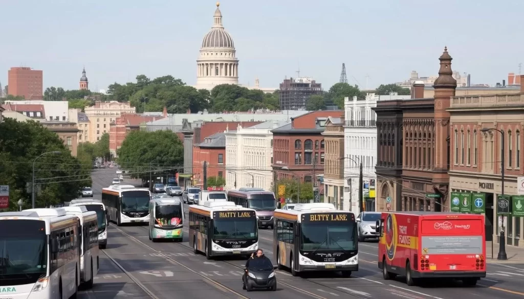 A bustling cityscape of Providence, Rhode Island on a pleasant day. In the foreground, a diverse array of public transportation vehicles: sleek electric buses, vintage trolleys, and compact rideshares navigating the well-maintained streets. The middle ground showcases the city's historic architecture, with stately brick buildings and quaint storefronts lining the tree-lined avenues. In the background, the iconic State House dome and other landmarks rise above, bathed in warm afternoon sunlight. The scene conveys a sense of efficient connectivity and vibrant urban energy, inviting exploration of this charming New England city.