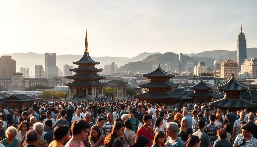 A bustling cityscape of Taipei, Taiwan, bathed in warm, golden sunlight. In the foreground, a diverse array of people from various cultural backgrounds converse animatedly, their native languages intertwining to create a symphony of linguistic diversity. The middle ground features iconic Taiwanese architecture, meticulously detailed, showcasing the country's rich heritage. In the background, verdant mountains rise, creating a serene and scenic backdrop, hinting at the multilingual tapestry that weaves through the entire nation. The scene conveys a sense of vibrant cultural exchange, where the languages of Taiwan's ethnic groups coexist in harmony, reflecting the country's unique linguistic landscape.
