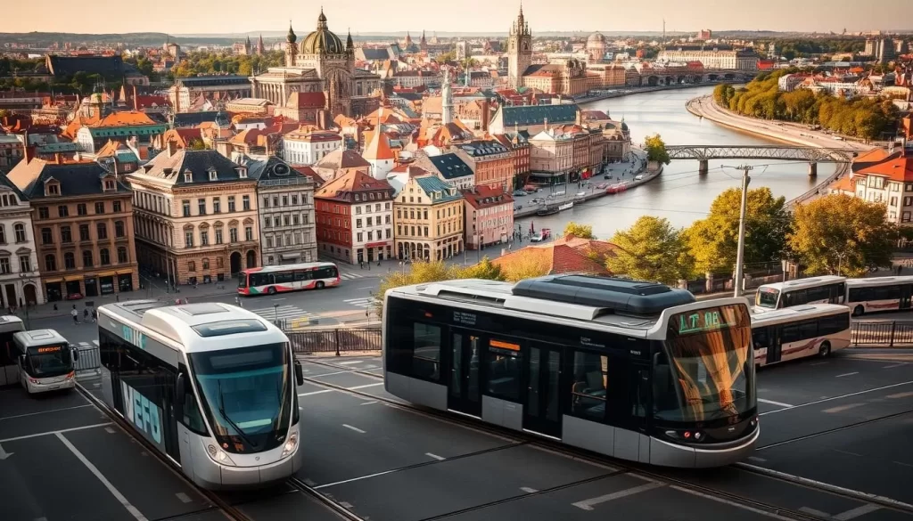 A bustling cityscape of Wrocław, Poland, with its iconic trams and buses navigating the streets. In the foreground, a modern electric tram glides effortlessly, its sleek design reflecting the city's commitment to sustainable transportation. The middle ground features a mix of historic architecture and contemporary buildings, creating a visually striking contrast. In the background, the Oder River winds through the urban landscape, its banks dotted with lush greenery. The scene is bathed in warm, natural lighting, creating a welcoming and inviting atmosphere. The overall composition captures the practical and efficient nature of Wrocław's transportation network, seamlessly integrated into the city's vibrant and picturesque setting.