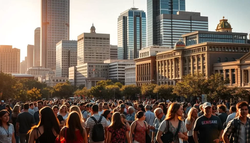 A bustling cityscape of downtown Austin, Texas, bathed in warm, golden sunlight. In the foreground, diverse pedestrians converse in a myriad of languages - Spanish, Vietnamese, Mandarin, and more. Towering skyscrapers and historic buildings create a dynamic backdrop, reflecting the state's rich cultural heritage. The scene exudes a sense of vibrant, inclusive community, capturing the linguistic diversity that thrives in this thriving urban center.