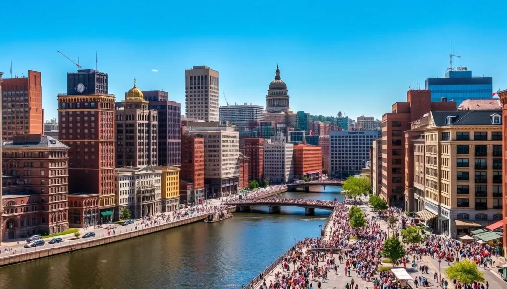 A bustling cityscape of downtown Providence, Rhode Island on a sunny day. Towering historic buildings with intricate architecture line the streets, their facades bathed in warm, golden light. The iconic Providence River winds through the center, its waters reflecting the surrounding skyscrapers. Vibrant crowds of people stroll along the riverfront promenade, enjoying the lively atmosphere. In the distance, the Rhode Island State House domes stand proudly, overlooking the thriving urban landscape. The scene conveys a sense of energy, prosperity, and pride in the city's rich cultural heritage.
