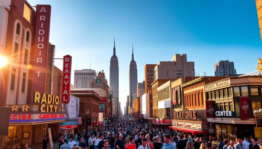 A bustling cityscape of iconic New York City festival venues, bathed in warm, golden sunlight. In the foreground, the grandeur of Radio City Music Hall stands tall, its art deco facade sparkling. Beyond, the towering spires of Carnegie Hall and the sleek, modern design of the Lincoln Center for the Performing Arts dot the skyline. In the middle ground, lively crowds gather outside renowned music clubs like the Bowery Ballroom and the Beacon Theatre, anticipating the start of vibrant performances. In the background, the timeless silhouette of the Empire State Building serves as a majestic backdrop, its observation deck offering breathtaking views of the festival-filled streets below.