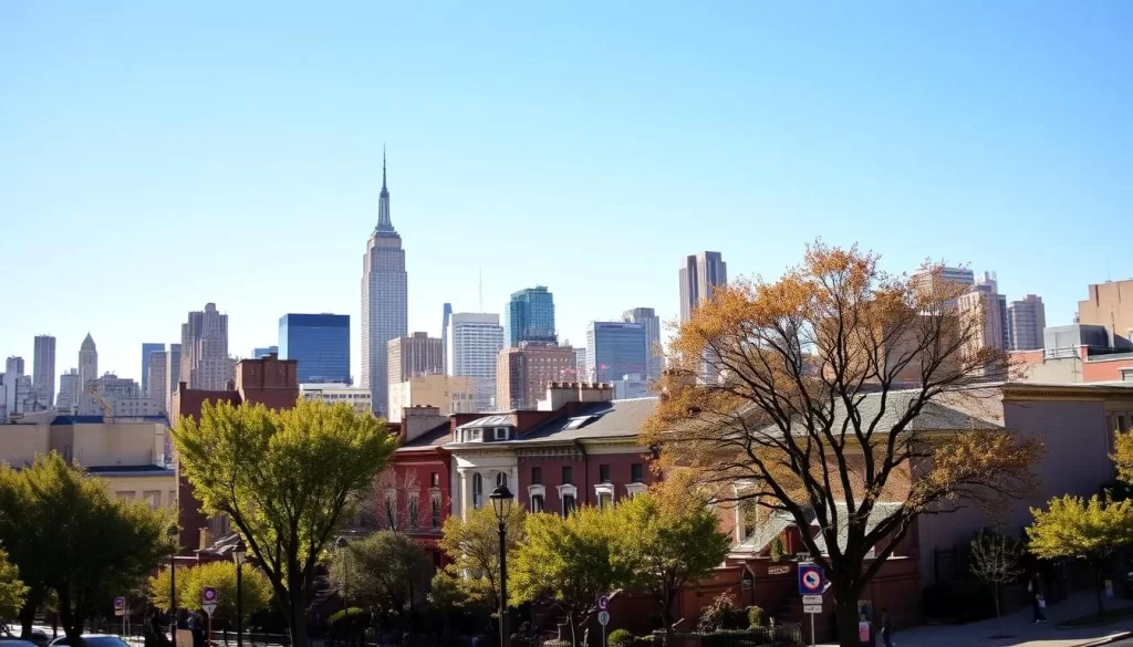 A bustling cityscape under a clear, azure sky, with the iconic silhouette of the Empire State Building and other skyscrapers rising against the horizon. In the foreground, a vibrant city street lined with brownstone townhouses, lush trees, and pedestrians strolling casually, capturing the energy and liveliness of New York City on a temperate spring or autumn day. Warm, directional sunlight illuminates the scene, casting long shadows and warm tones, creating a pleasant, inviting atmosphere. The camera angle slightly elevated, offering a sweeping view of the city that showcases its architectural grandeur and the dynamic flow of urban life.