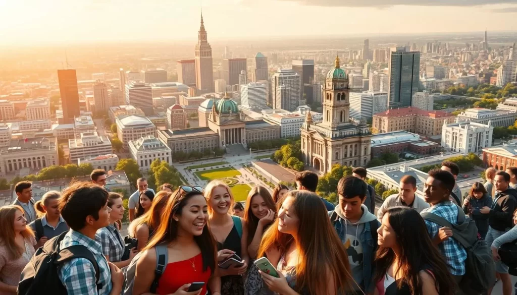 A bustling cityscape with a diverse array of people, representing the educational attainment of the local population. In the foreground, a group of students of varying ages and backgrounds engage in lively discussions, their faces alight with the joy of learning. In the middle ground, towering academic institutions stand proud, their elegant architecture and manicured lawns reflecting the region's commitment to education. The background is a panoramic view of the city, with skyscrapers and residential neighborhoods blending seamlessly, conveying a sense of progress and opportunity. The warm, golden light of the sun bathes the scene, creating a inviting and aspirational atmosphere.