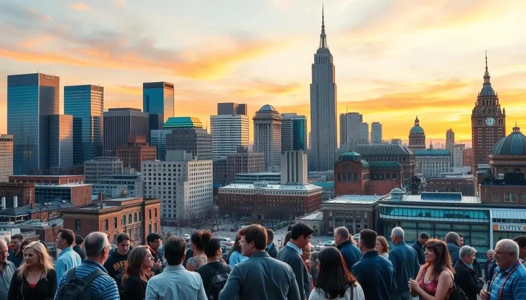 A bustling cityscape with diverse architectural styles, representing the linguistic diversity of Kentucky. In the foreground, people of various ethnicities converse animatedly, their gestures and expressions conveying the richness of their dialects. The middle ground features a mix of modern skyscrapers and historic buildings, symbolizing the coexistence of old and new. In the background, a vibrant sunset paints the sky with warm hues, creating a serene and welcoming atmosphere. The scene is captured with a wide-angle lens, emphasizing the scale and scope of the city's linguistic tapestry.
