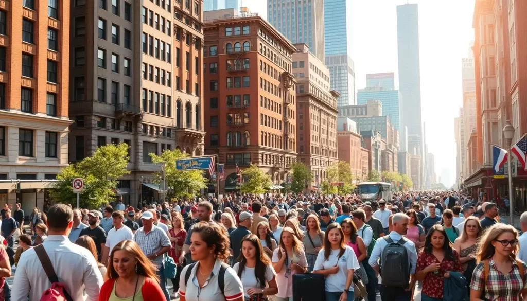 A bustling cityscapes reflecting Ohio's diverse immigrant communities, with towering skyscrapers and brownstone buildings in the background. In the foreground, a colorful crowd of people from various cultural backgrounds - families, students, and professionals - navigate busy city streets, carrying suitcases and conversing in a symphony of languages. Warm afternoon sunlight filters through, casting a welcoming glow over the scene. The atmosphere is one of dynamism, integration, and the richness that comes from cross-cultural exchange.