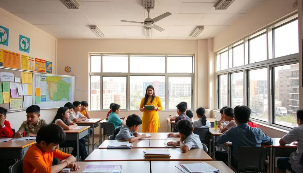 A bustling classroom in Chandigarh, India, where students of diverse backgrounds engage in lively language education. The sun-drenched room is filled with the sounds of eager voices practicing Hindi, Punjabi, and English. Colorful posters and maps adorn the walls, complementing the modern desks and whiteboards. Through large windows, the vibrant cityscape of Chandigarh's well-planned architecture is visible, a testament to the city's commitment to education. The teacher, a warm and encouraging presence, guides the students as they navigate the intricacies of these essential languages, preparing them for a future where communication and understanding transcend borders.