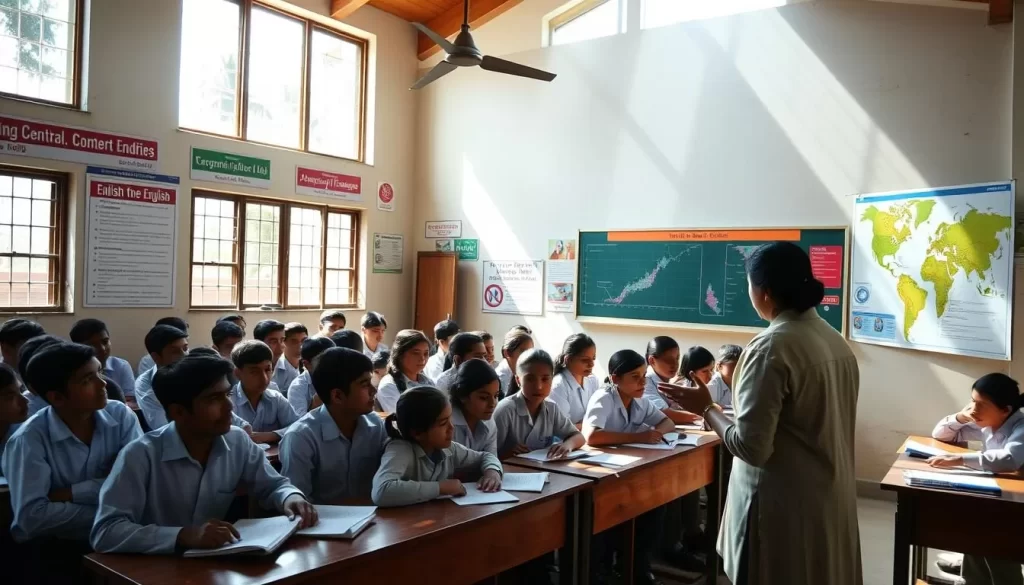 A bustling classroom in Sikkim, India, filled with attentive students and a dedicated teacher. Sunlight streams through large windows, casting a warm glow over the scene. The walls are adorned with educational posters and maps, showcasing the importance of the English language in the region's administrative and academic spheres. Students, clad in uniforms, diligently take notes as the teacher gestures, explaining a lesson. The atmosphere is one of focused learning, reflecting the integral role of English in Sikkim's educational landscape.