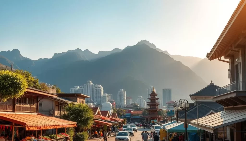 A bustling coastal city nestled between towering mountains and the azure Pacific Ocean, Hualien City is a picturesque tableau. In the foreground, vibrant local markets brim with fresh seafood and produce, their colorful stalls casting warm, sun-dappled shadows. In the middle ground, sleek high-rises and historic temples mingle, their architectural styles a harmonious blend of old and new. In the distance, the majestic peaks of the Taroko Gorge National Park rise, their jagged silhouettes cutting dramatic lines against the clear, cloudless sky. Soft, golden light filters through, creating a serene, tranquil atmosphere that invites exploration and discovery. This is Hualien, a city where the beauty of nature and the dynamism of urban life coexist in perfect harmony.