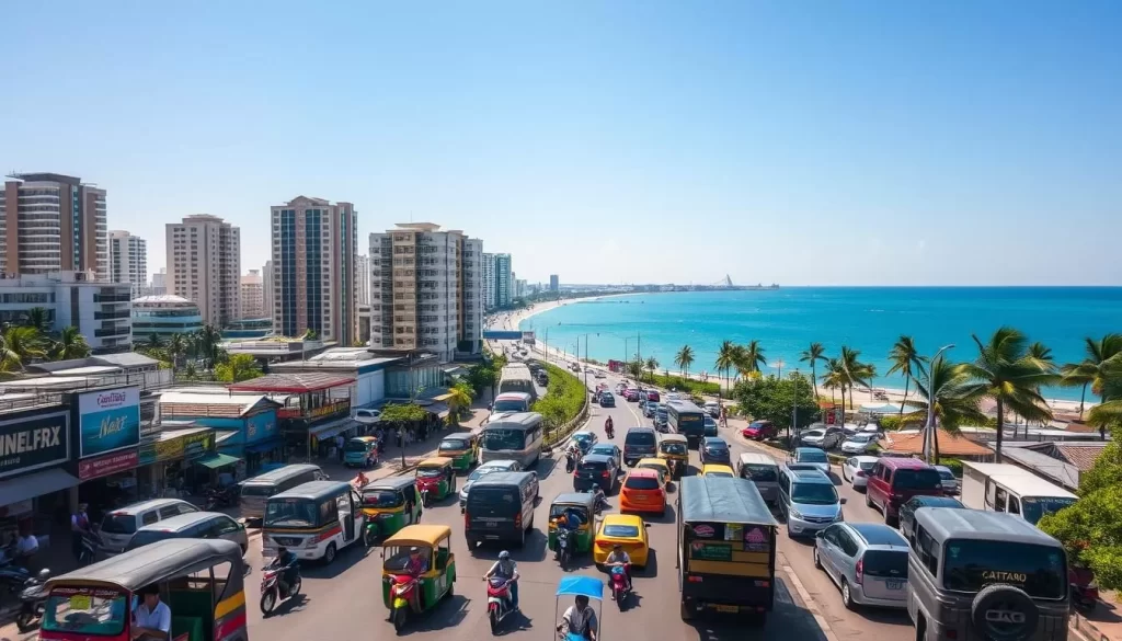 A bustling coastal cityscape of Pattaya, Thailand on a bright and sunny day. In the foreground, a variety of local transportation modes are visible, including colorful tuk-tuks, motorbikes, and compact city cars weaving through the lively streets. The middle ground features towering high-rise hotels and apartments alongside bustling local markets and shops, creating a vibrant urban atmosphere. In the background, the sparkling azure waters of the Gulf of Thailand stretch out to the horizon, framed by lush palm trees and a clear blue sky. The scene is bathed in warm, natural lighting, capturing the energy and vibrancy of this renowned coastal destination.