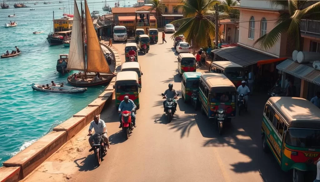 A bustling coastal town in Kenya, Watamu is known for its vibrant transportation scene. Capture a lively street view showcasing a variety of local modes of transport - colorful matatus (minibuses), nimble boda-boda motorcycles, and traditional dhow sailboats gliding along the turquoise waters of the Indian Ocean. Bathe the scene in warm, golden sunlight, casting long shadows across the sun-dappled streets. Convey a sense of energy and activity, with people going about their daily commutes and errands. Avoid clutter, instead focusing on the dynamic interplay of vehicles, architecture, and the natural coastal landscape that defines the unique character of Watamu.
