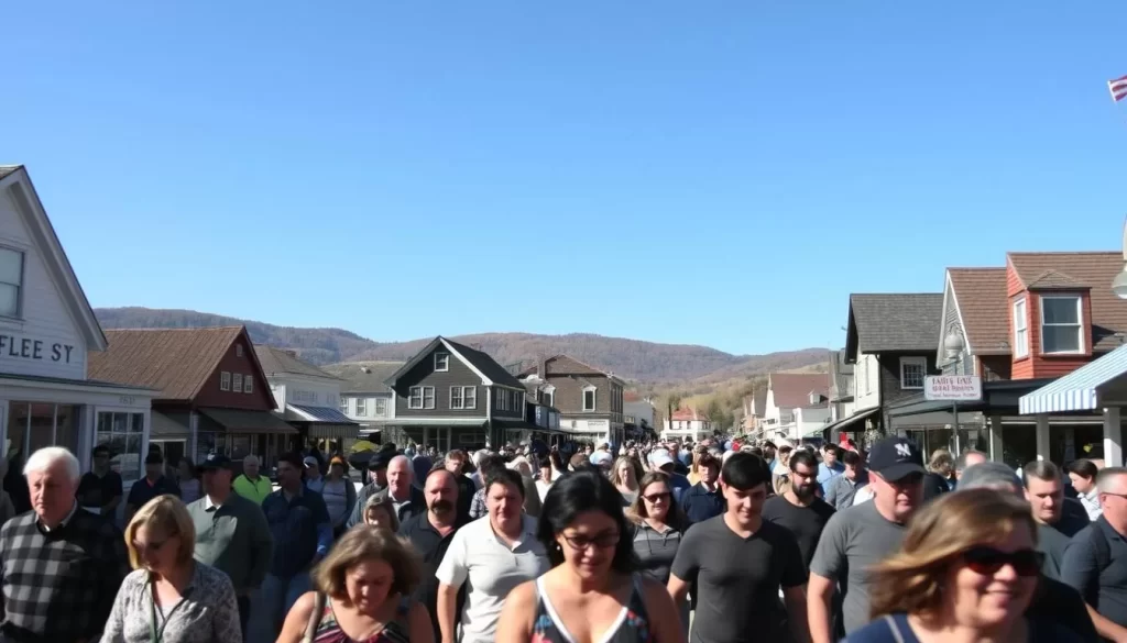 A bustling crowd navigates the streets of a picturesque New Hampshire town on a sunny day. In the foreground, locals and tourists mingle, their expressions vibrant and engaged. The middle ground features quaint storefronts and historic architecture, bathed in warm, diffused lighting. In the background, rolling hills and a clear blue sky create a serene, bucolic backdrop. The scene conveys a sense of community, with pedestrians strolling leisurely, and an atmosphere of lively yet organized activity. Captured with a wide-angle lens, the image showcases the charming, weather-friendly ambiance of this New England destination.
