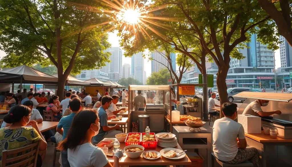 A bustling culinary hub in the heart of Shah Alam, Malaysia. Capture a vibrant scene of an outdoor dining experience, showcasing an array of traditional Malaysian dishes and local street food stalls. Warm sunlight filters through the lush canopy of trees, casting a soft, golden glow over the scene. In the foreground, patrons savor fragrant curries, grilled satay, and freshly prepared roti canai at neatly arranged tables. In the middle ground, vendors skillfully prepare and serve their specialties, their colorful wares and animated gestures adding to the lively atmosphere. In the background, modern high-rises and bustling city streets provide a dynamic urban backdrop, creating a harmonious blend of tradition and modernity. Convey a sense of energy, flavor, and community that encapsulates the culinary heart of Shah Alam.